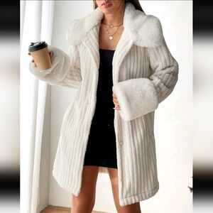 Borg collar Ivory cream winter faux fur coat with pockets and button closure